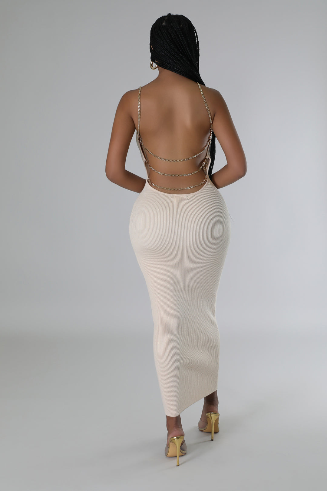 "Out In Miami" Gold Chain Straps Open Back Maxi Dress.