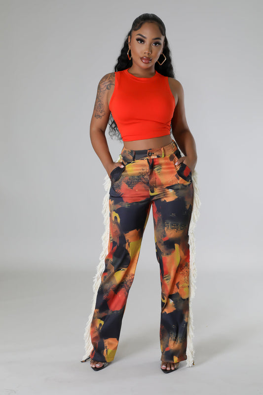 "Just Like That" Printed Fringed Side High Waisted Pants.