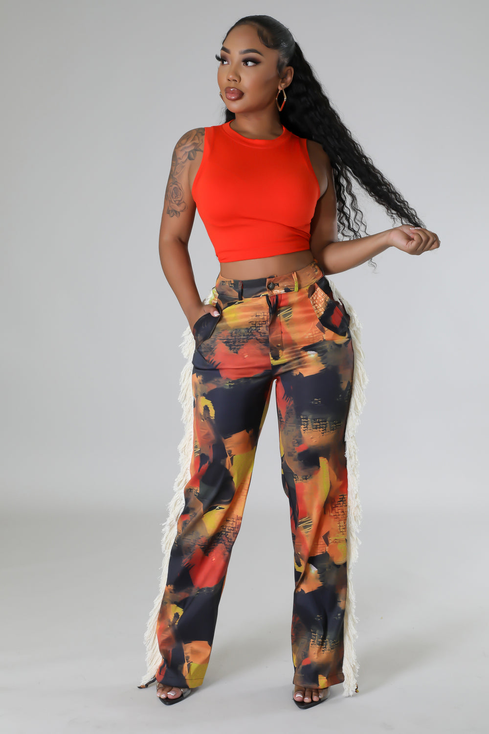 "Just Like That" Printed Fringed Side High Waisted Pants.