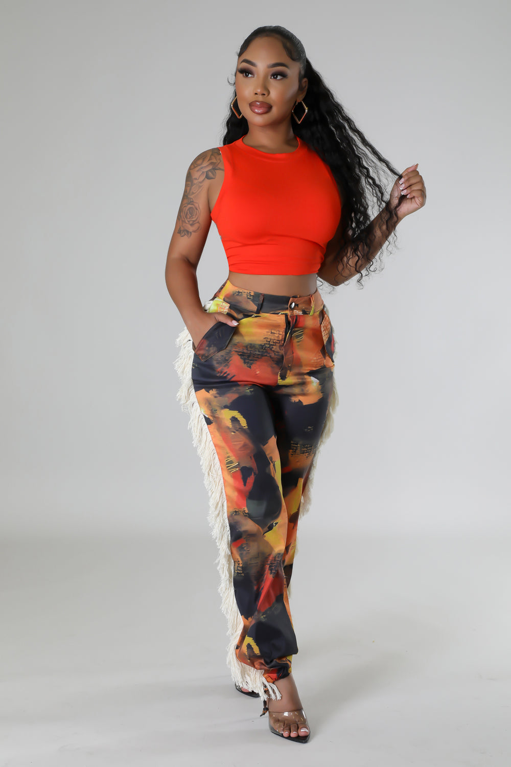 "Just Like That" Printed Fringed Side High Waisted Pants.