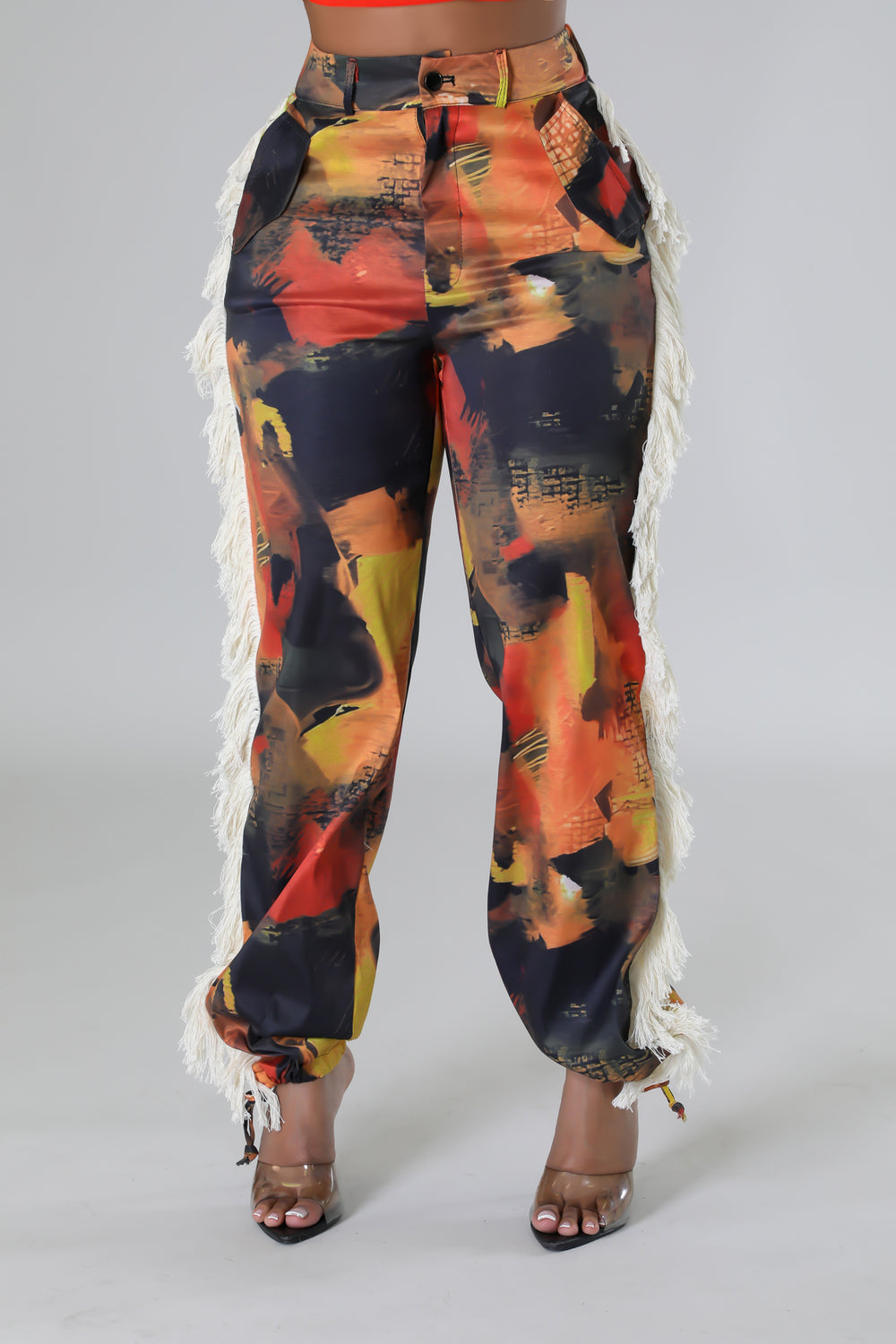 "Just Like That" Printed Fringed Side High Waisted Pants.