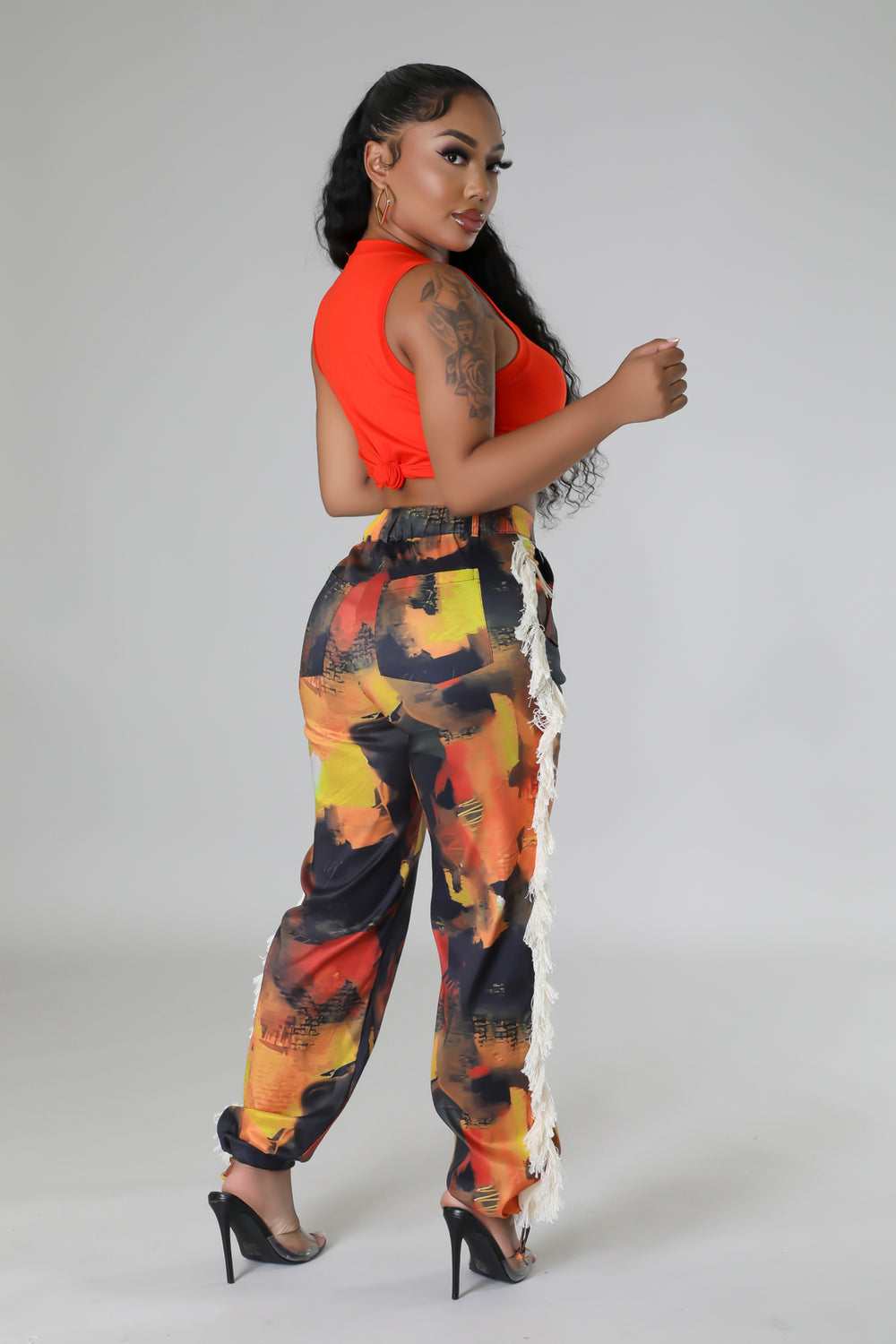 "Just Like That" Printed Fringed Side High Waisted Pants.