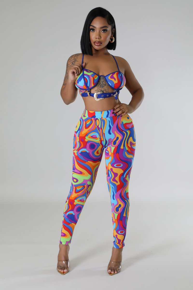 "Irresistible Allure" Strap Shoulder Bra Top Belt Tie & High Waist Leggings Set.
