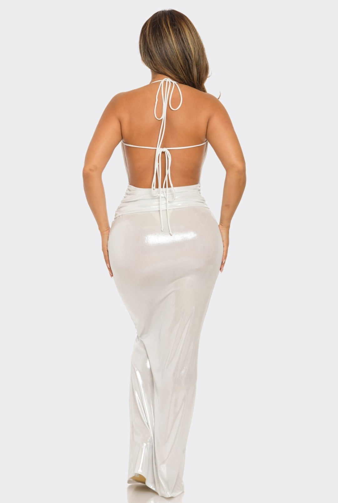 "Champagne Party" Metallic Open Back Maxi Dress.
