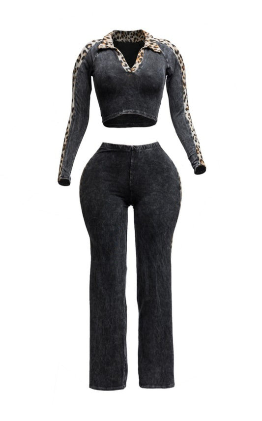 "Wild For You" Plus Size Mineral Washed Crop Top & Pants Set.