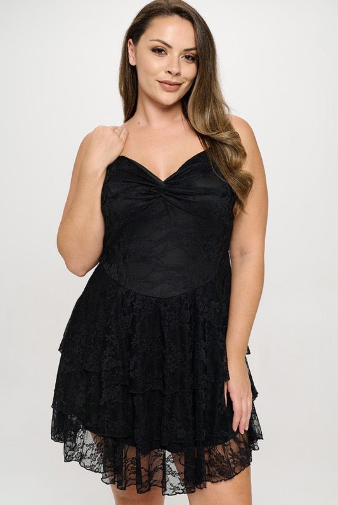 "Hey Babe" Plus Size Twist Front Lace Mini Dress.