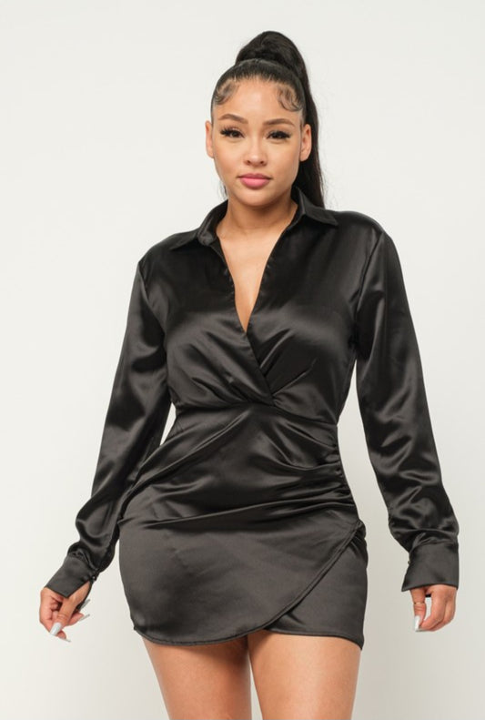 "Better In Person" Satin Long Sleeve Collared Neck Mini Dress.