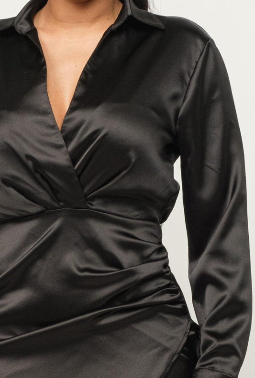 "Better In Person" Satin Long Sleeve Collared Neck Mini Dress.