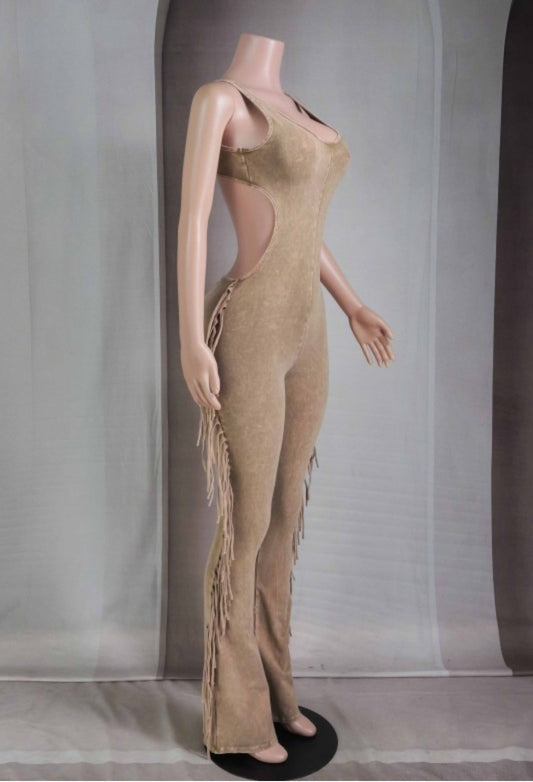 "Summer Nights, Arena Lights" Mineral Wash Fringe Open Back Jumpsuit.