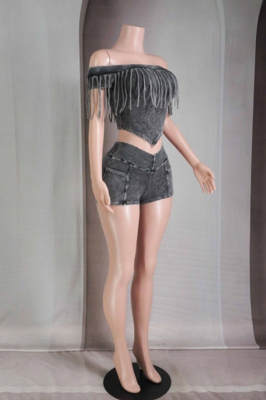 "Wanted & Wild" Off Shoulder Top & Shorts Set.