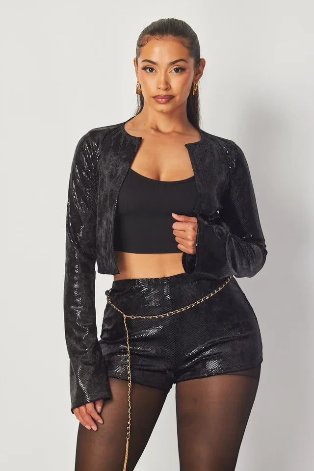 "Living Lavish" Faux Leather Open Jacket & Belted Shorts Set.