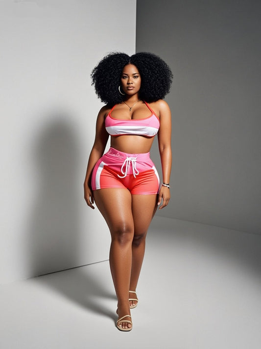 "Hey Boo!" Colorblock Jacket, Bra & Shorts Three Piece Set.