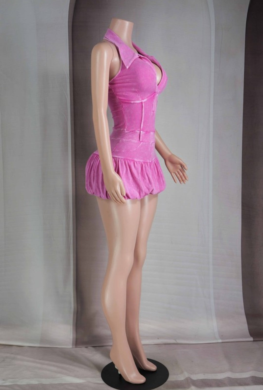 "Bubblegum Baddie" Deep V-Neck Collared Bubble Skirt Romper.