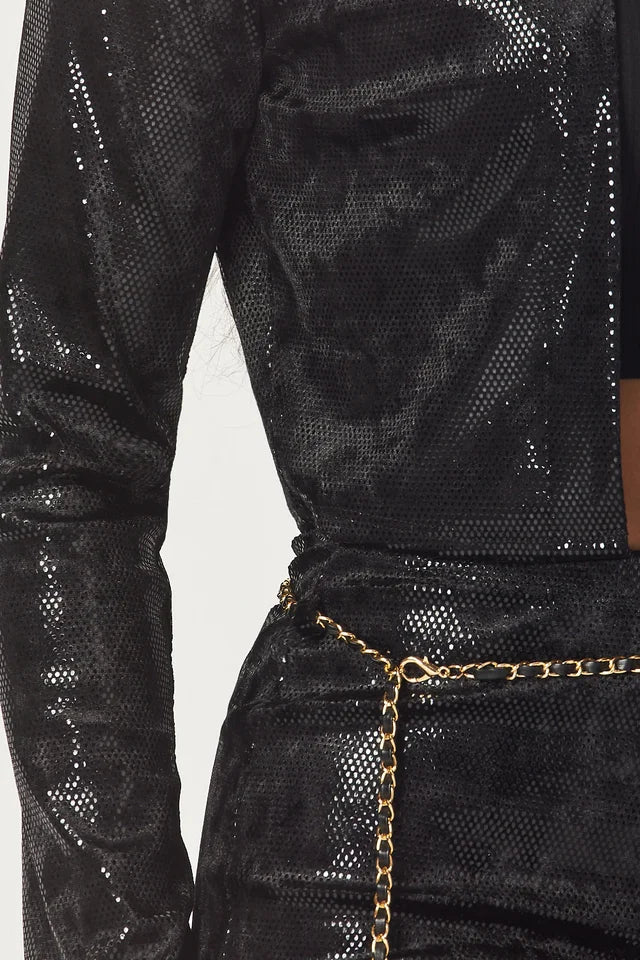 "Living Lavish" Faux Leather Open Jacket & Belted Shorts Set.