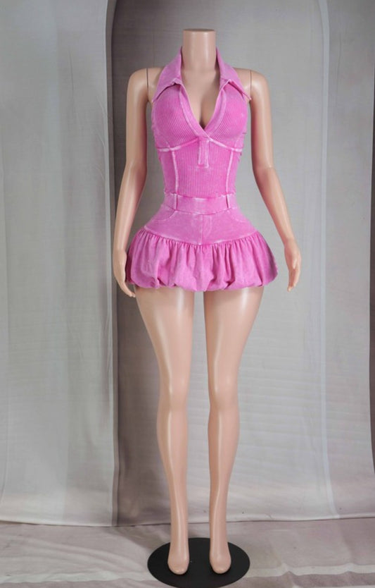 "Bubblegum Baddie" Deep V-Neck Collared Bubble Skirt Romper.