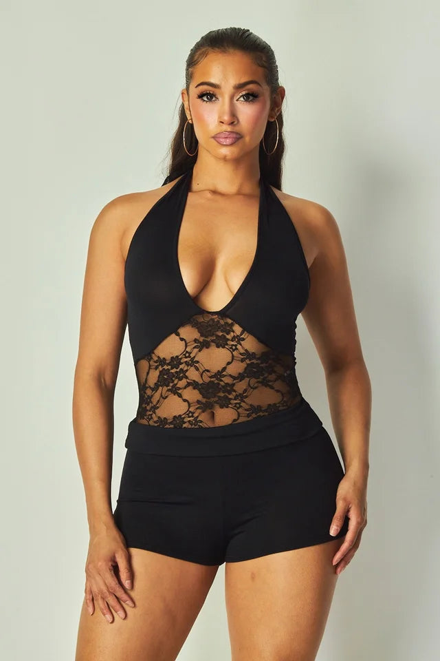 "Good Girl" Lace Detailed Halter Top And Fold Over Shorts Set.