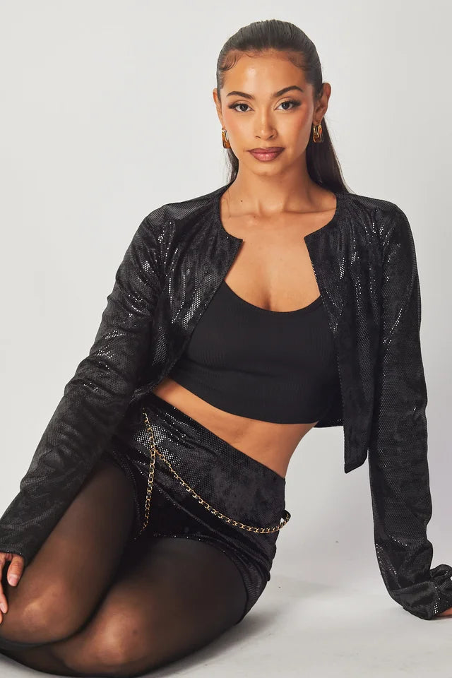 "Living Lavish" Faux Leather Open Jacket & Belted Shorts Set.