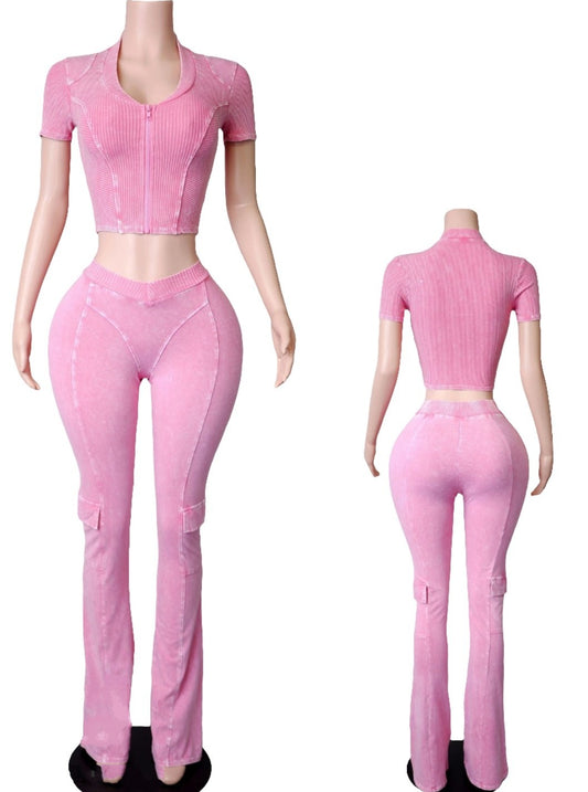 "Strawberry Kisses" Mineral Washed Zip-Up Top & Side Pocket Pant Set.