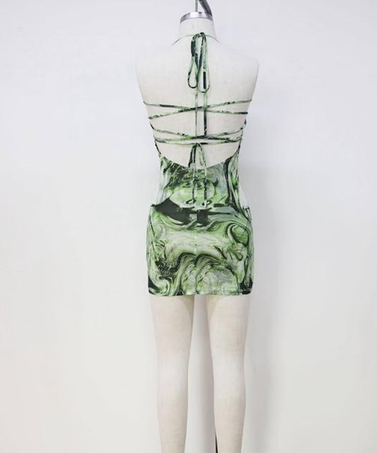 "Spring Vibes In Every Step" Halter Tie Neck & Back Mini Dress.