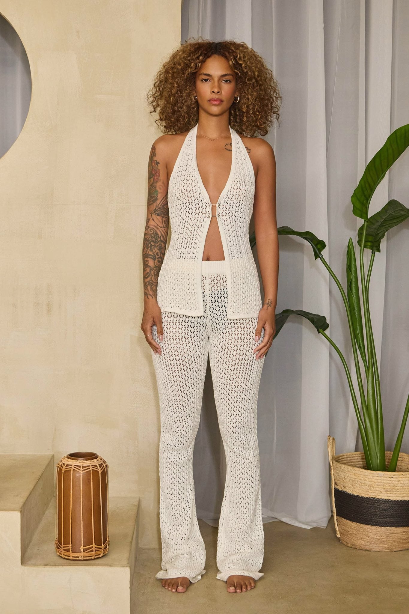 "Serenity Found" Crochet Knit Sleeveless Piercing Top & Pants Set.