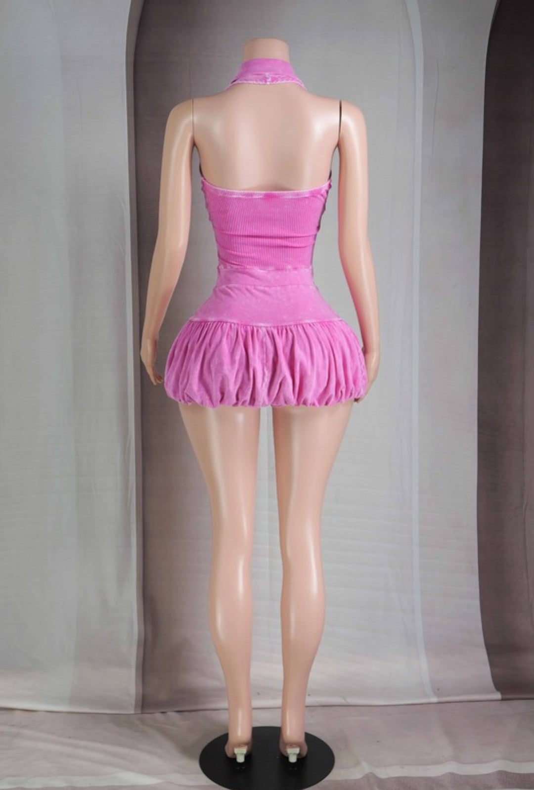 "Bubblegum Baddie" Deep V-Neck Collared Bubble Skirt Romper.