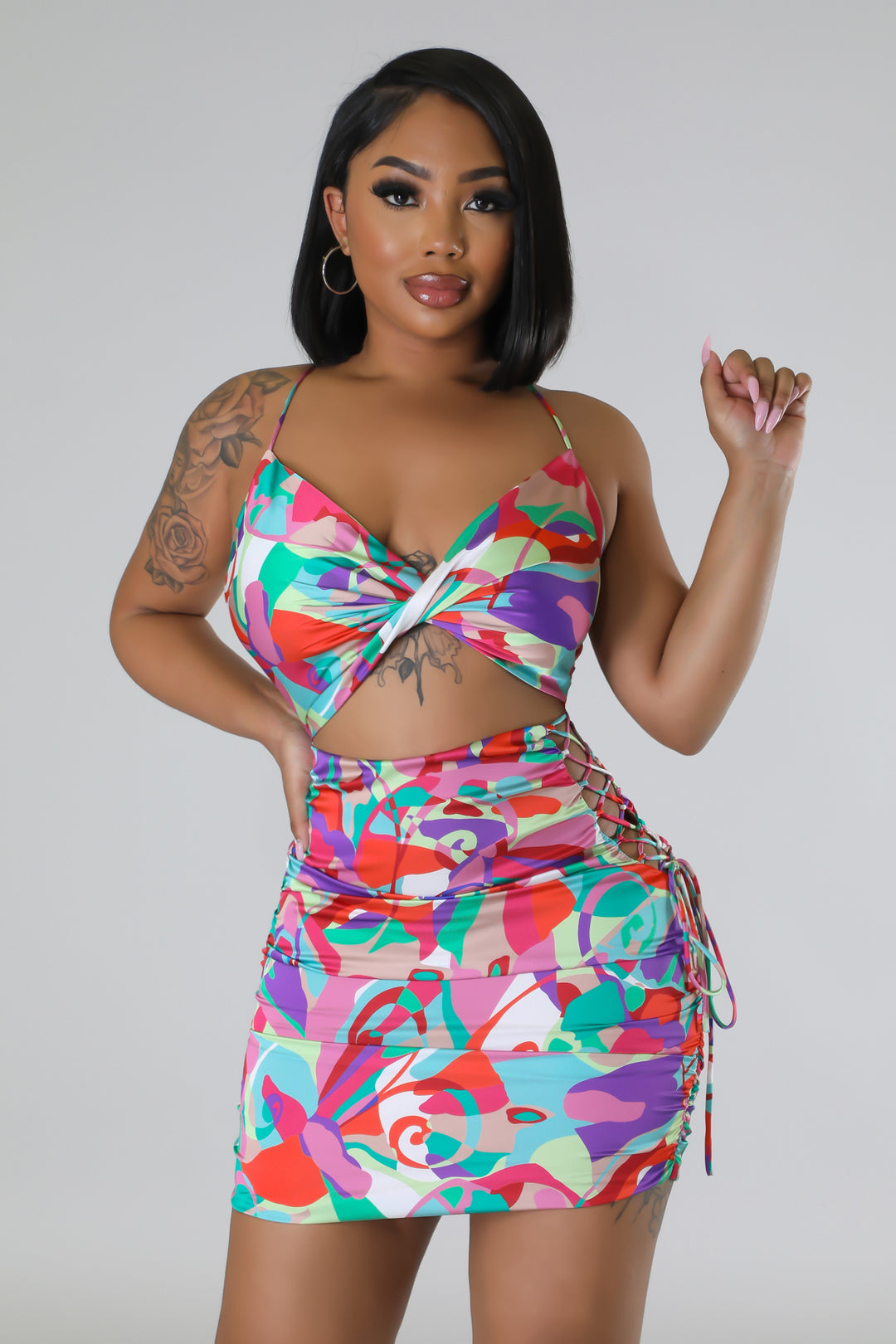 "Summer Preview" Cutout Satin Mini Dress.