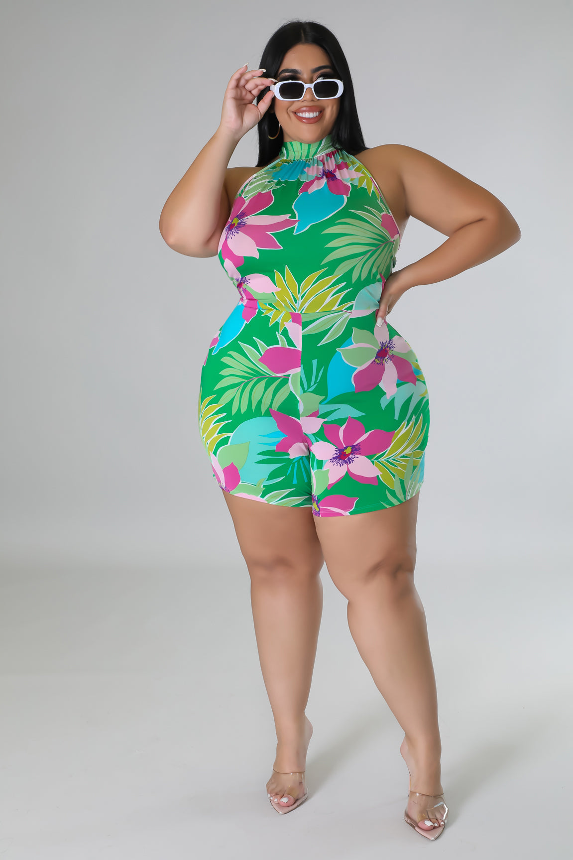 "Boujee, Bad & Thick" Plus Size Halter Neck Back Tie Romper.