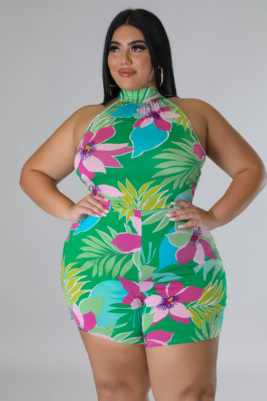 "Boujee, Bad & Thick" Plus Size Halter Neck Back Tie Romper.