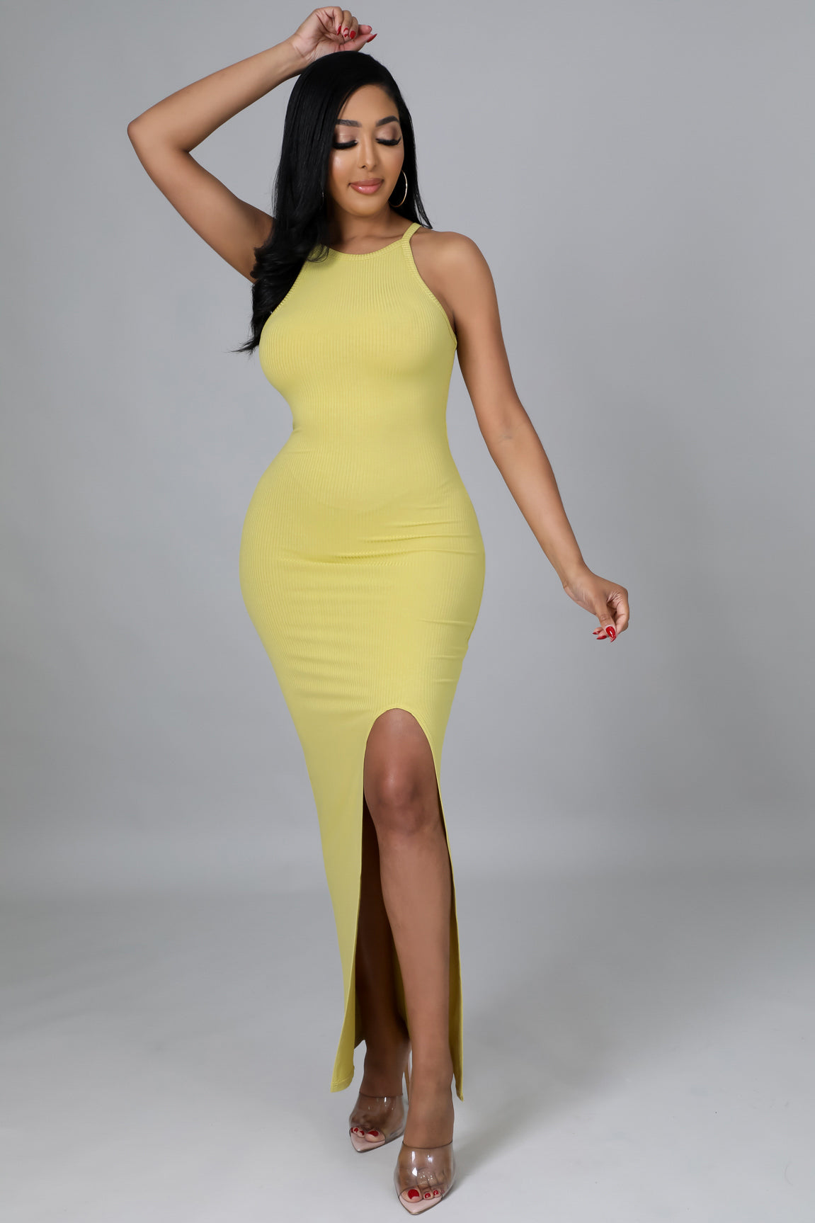 "My Way" Knit Rib Sleeveless Slit Dress.