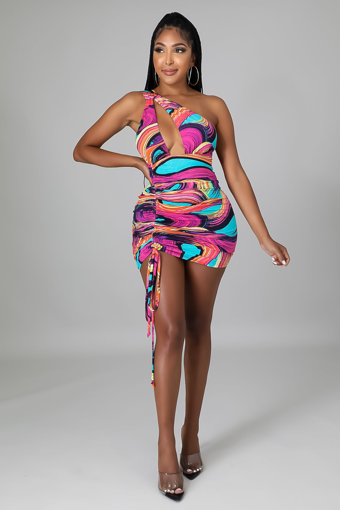 "Back In Paradise" One Shoulder Side Ruched Mini Dress.