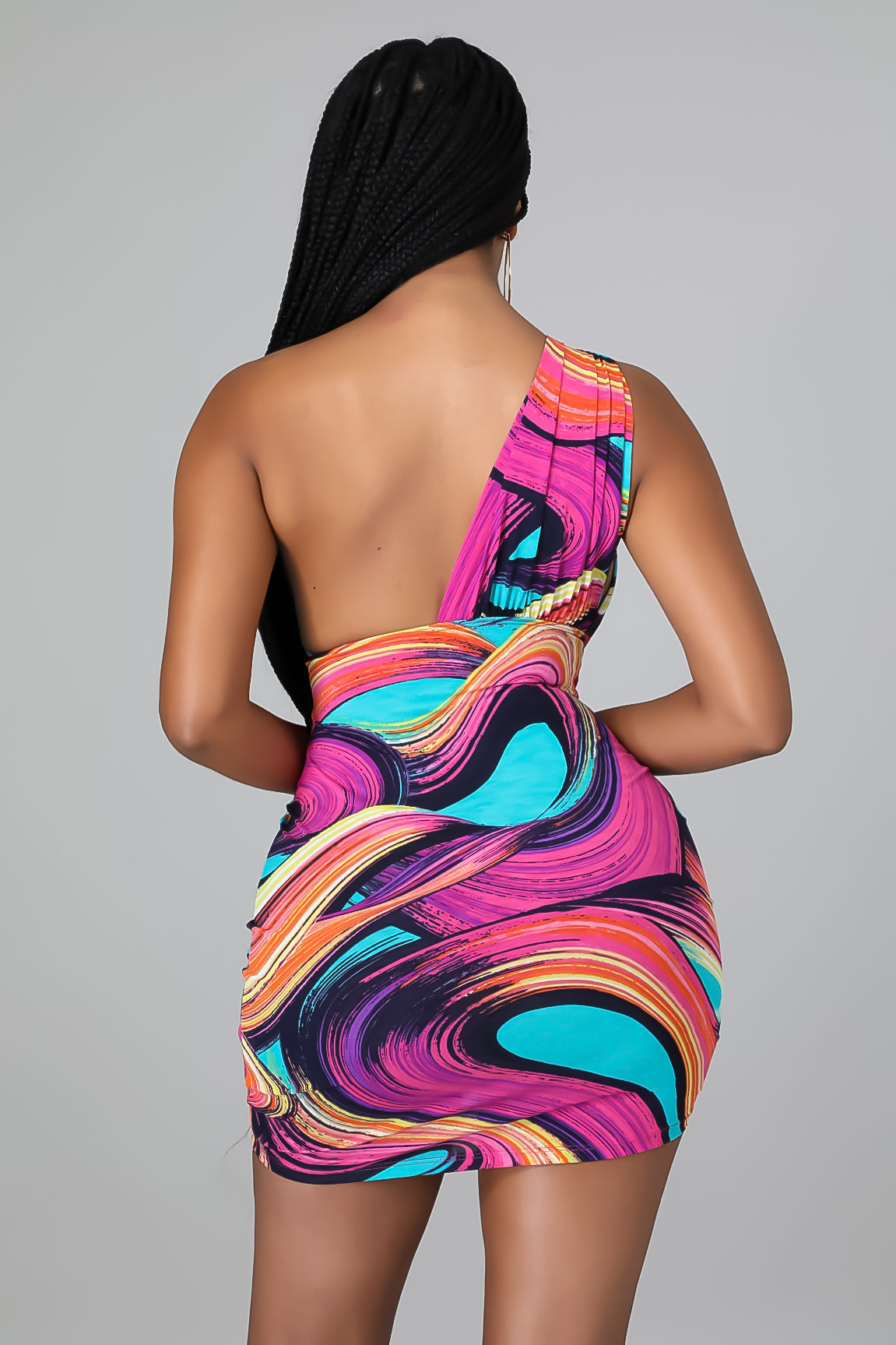 "Back In Paradise" One Shoulder Side Ruched Mini Dress.