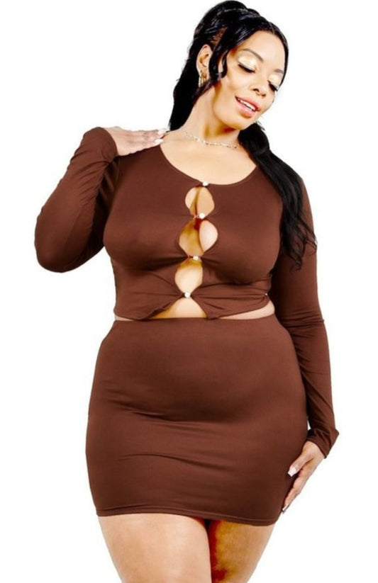 "Something Like A Trophy" Plus Size Long Sleeve Cutout Top & Mini Skirt Set.