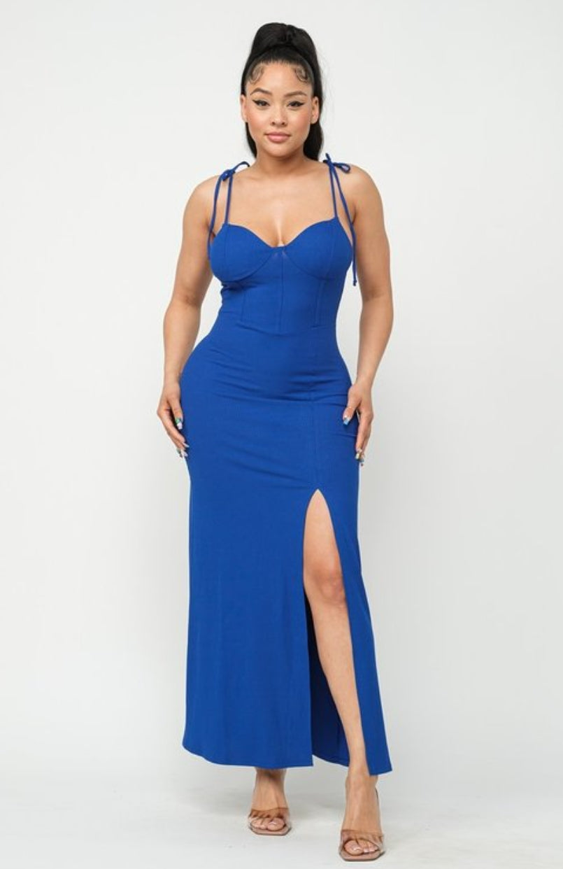 "Make It Official" Corset Style Shoulder Tie Side Slit Maxi Dress.