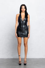 Load image into Gallery viewer, &quot;Watch And Learn&quot; PLEATHER ZIP-UP HALTER MINI DRESS.
