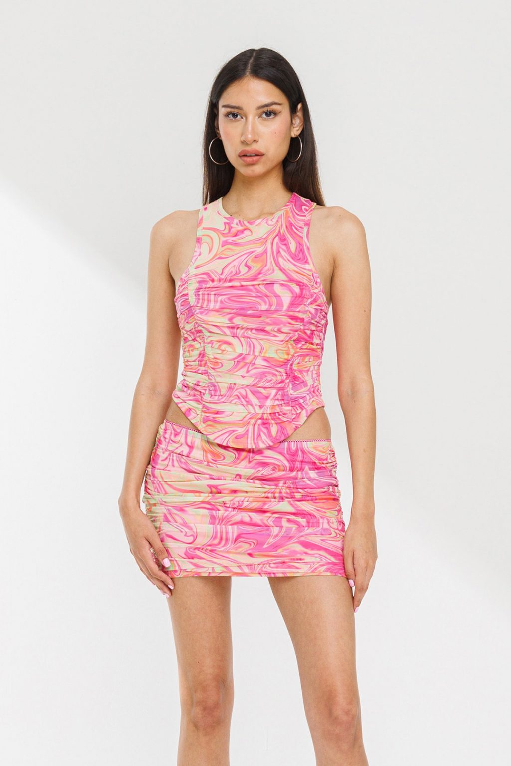 "I Just Wanna Love You" Swirl Ruched Tank Mesh Top & Low Rise Mini Skirt Set.