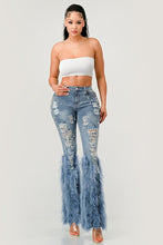 Load image into Gallery viewer, &quot;Effortless Charm, Endless Grace&quot; Distressed Pearl Embellished Feather Detail Jeans.
