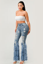 Load image into Gallery viewer, &quot;Effortless Charm, Endless Grace&quot; Distressed Pearl Embellished Feather Detail Jeans.
