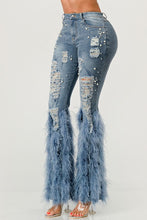 Load image into Gallery viewer, &quot;Effortless Charm, Endless Grace&quot; Distressed Pearl Embellished Feather Detail Jeans.
