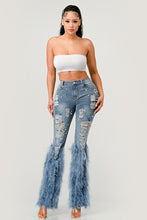 Load image into Gallery viewer, &quot;Effortless Charm, Endless Grace&quot; Distressed Pearl Embellished Feather Detail Jeans.
