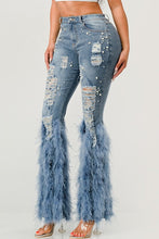 Load image into Gallery viewer, &quot;Effortless Charm, Endless Grace&quot; Distressed Pearl Embellished Feather Detail Jeans.
