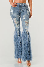 Load image into Gallery viewer, &quot;Effortless Charm, Endless Grace&quot; Distressed Pearl Embellished Feather Detail Jeans.
