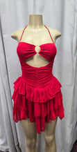 Load image into Gallery viewer, &quot;Ruby Red&quot; Halter Cutour Sheer Ruffle Mini Dress.
