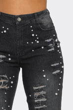 Load image into Gallery viewer, &quot;Effortless Charm, Endless Grace&quot; Distressed Pearl Embellished Feather Detail Jeans.
