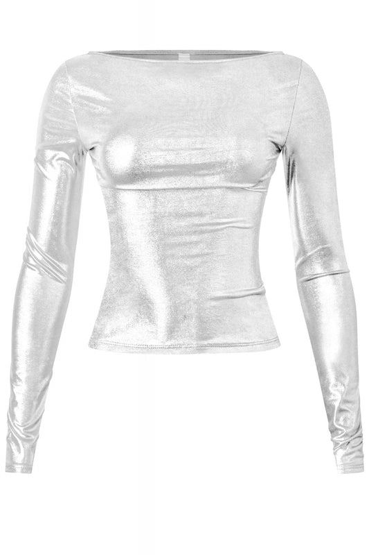 "Sparkle & Shine" Long Sleeve Boat Neckline Metallic Top. 