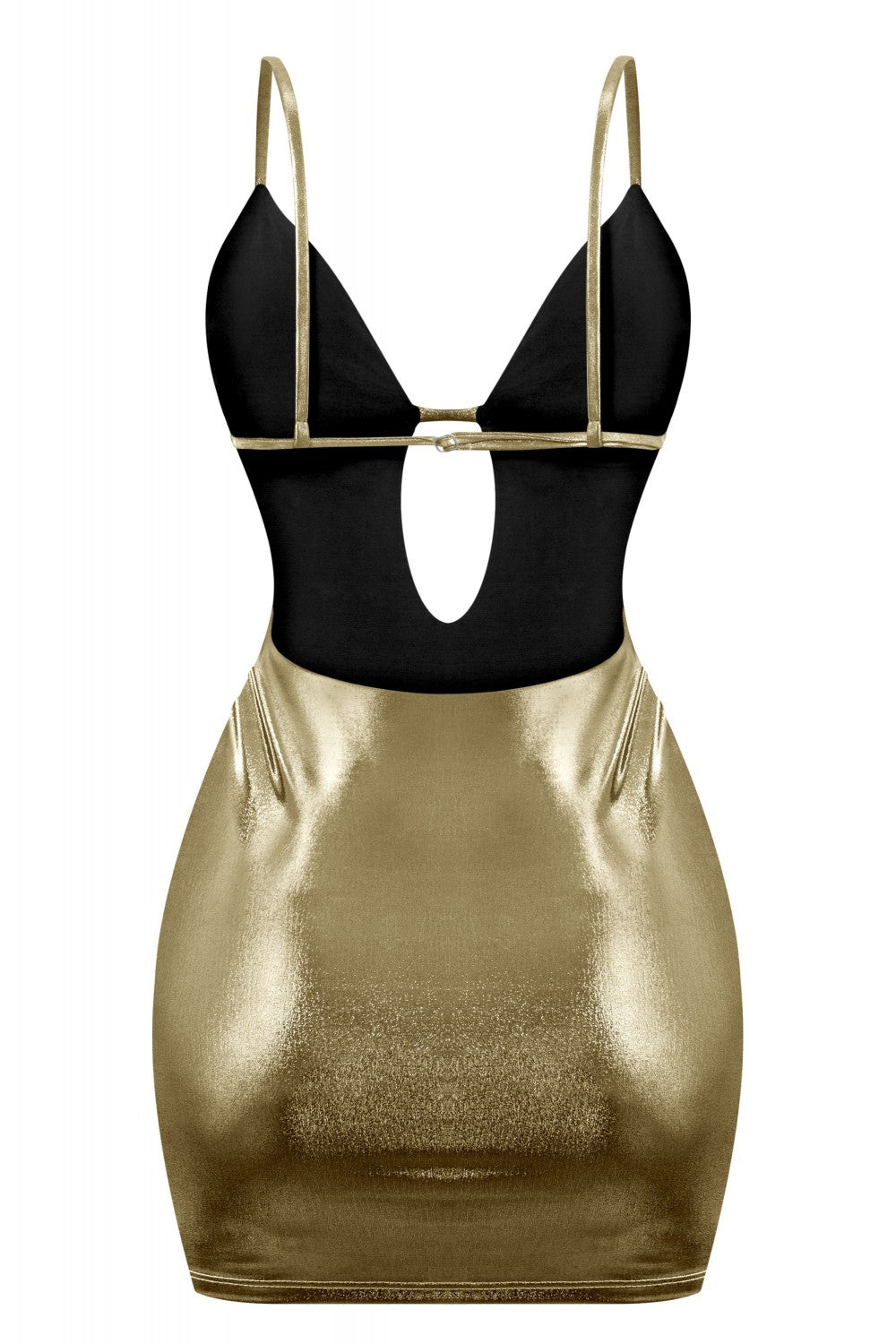 "Golden Goddess" Halter Deep Plunge Open Back Mini Dress.