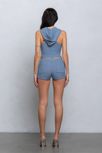 Load image into Gallery viewer, &quot;Baby, Wyd&quot; Sleeveless Rib Zip-Up Hoodie W/ Micro Shorts Set.
