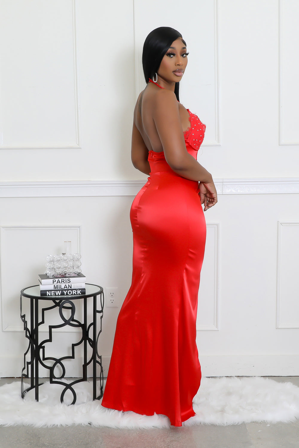 "Scarlet Saga" Halter Neck, Sleeveless Open Back Front Slit Long Dress