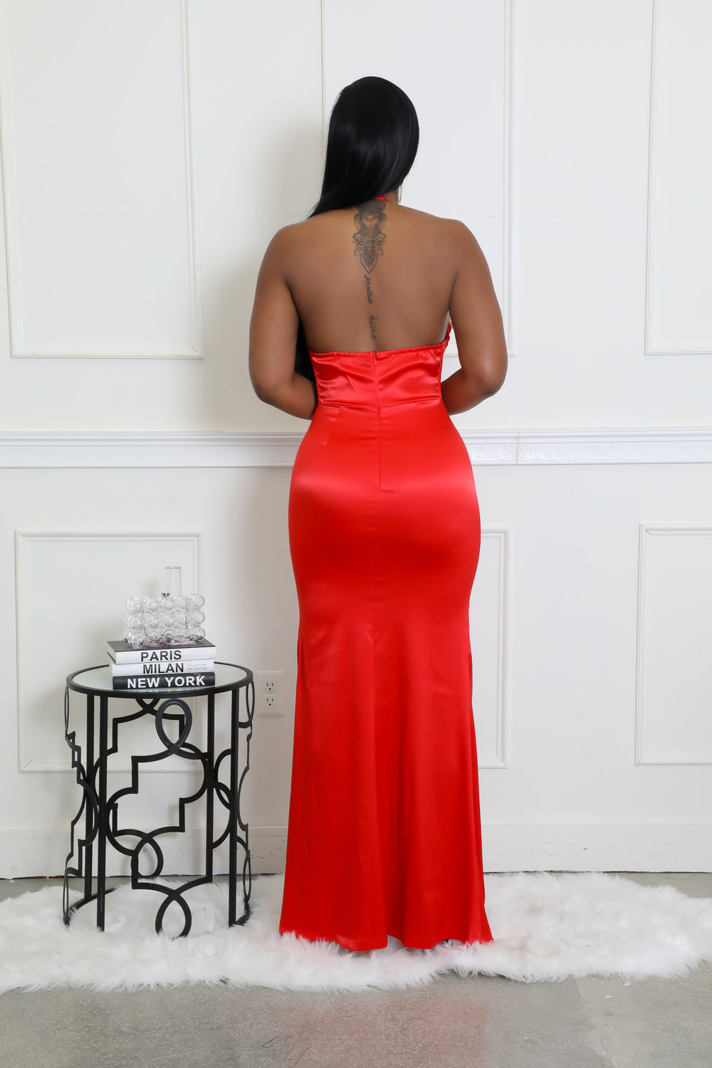 "Scarlet Saga" Halter Neck, Sleeveless Open Back Front Slit Long Dress