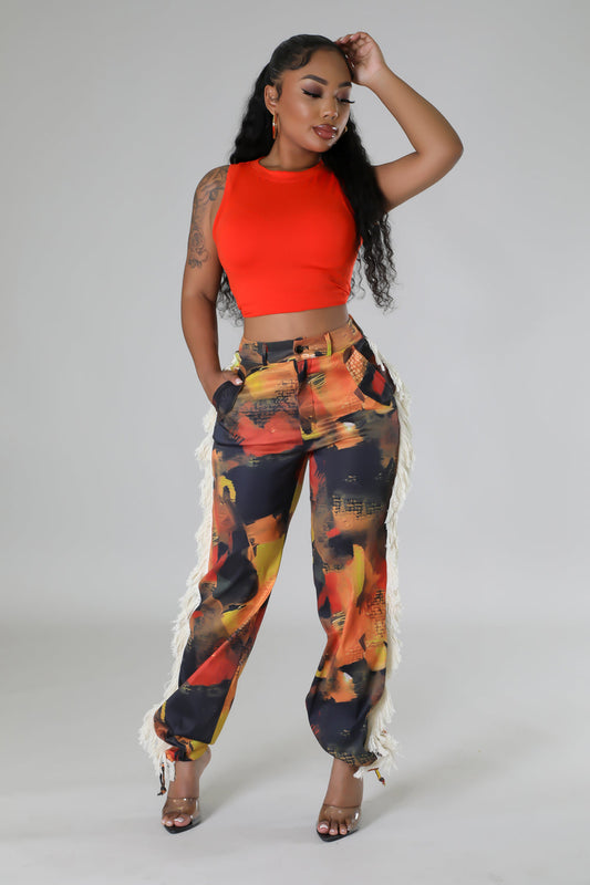 "Just Like That" Printed Fringed Side High Waisted Pants.