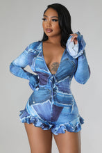 Load image into Gallery viewer, &quot;Feelin 11 Out Of 10&quot;Long Bell Sleeve Denim Print Romper. 
